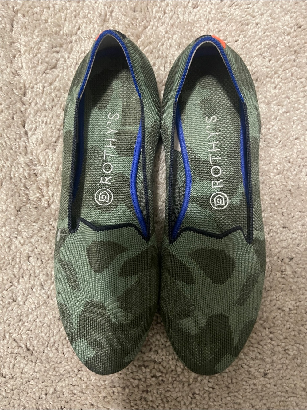 Rothy's Green Camo Knit Ballet Flats with Blue Trim